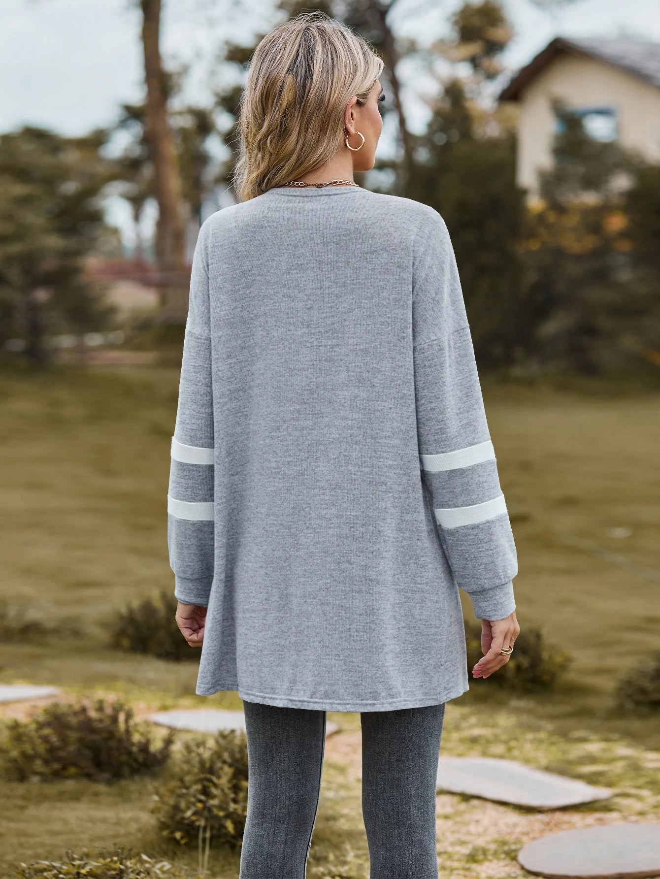 2025 Spring/Summer Collection - Boho Riche Versatile Waterfall Collar Cardigan - Color-Contrast Splicing, Regular Sleeve Knit Sw